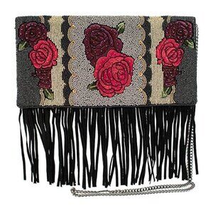 Mary Frances Western Rose Beaded Bag Embroidered Handbag Leather Purse Black NEW